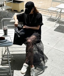 Dalfwin | 韓国ファッション レースドッキングデザイン半袖Tシャツワンピース(ワンピース)