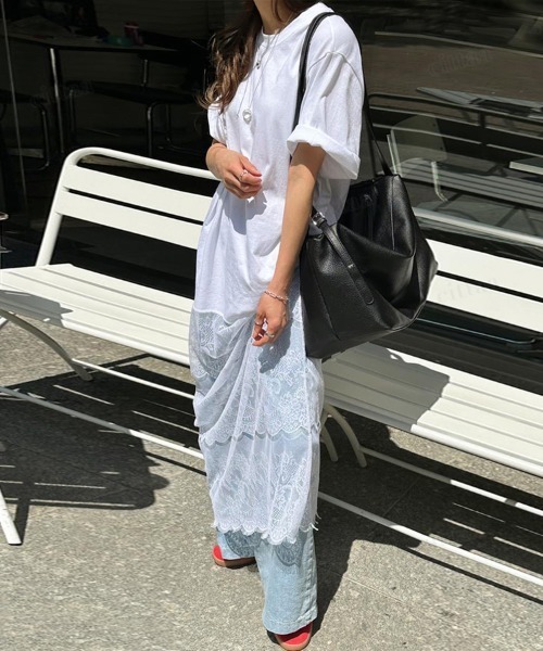 Dalfwin（ダールフィン）の「韓国ファッション レースドッキングデザイン半袖Tシャツワンピース（ワンピース・レディース・ブラック/ホワイト・FREE）」の5枚目の写真