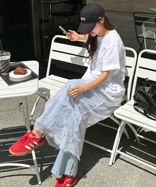 Dalfwin（ダールフィン）の「韓国ファッション レースドッキングデザイン半袖Tシャツワンピース（ワンピース・レディース・ブラック/ホワイト・FREE）」の6枚目の写真