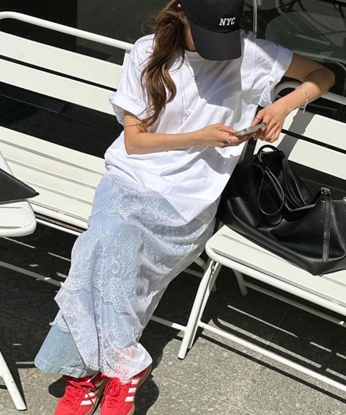 Dalfwin（ダールフィン）の「韓国ファッション レースドッキングデザイン半袖Tシャツワンピース（ワンピース・レディース・ブラック/ホワイト・FREE）」の7枚目の写真