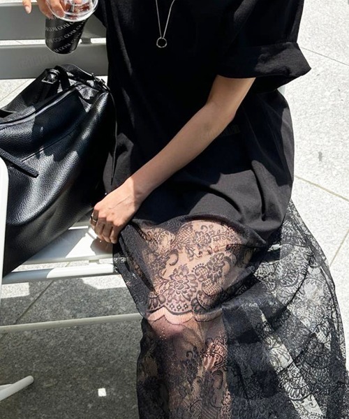 Dalfwin（ダールフィン）の「韓国ファッション レースドッキングデザイン半袖Tシャツワンピース（ワンピース・レディース・ブラック/ホワイト・FREE）」の10枚目の写真