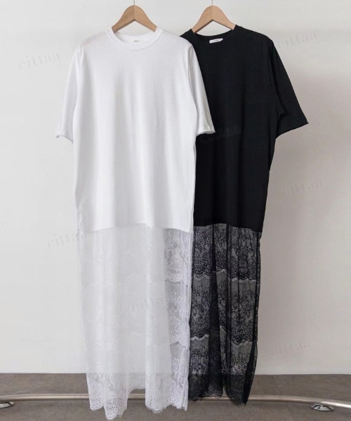 Dalfwin（ダールフィン）の「韓国ファッション レースドッキングデザイン半袖Tシャツワンピース（ワンピース・レディース・ブラック/ホワイト・FREE）」の16枚目の写真