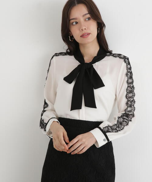 レースコンビバイカラーリボンブラウス 38 セール】◇レースコンビバイカラーリボンブラウス（シャツ/ブラウス