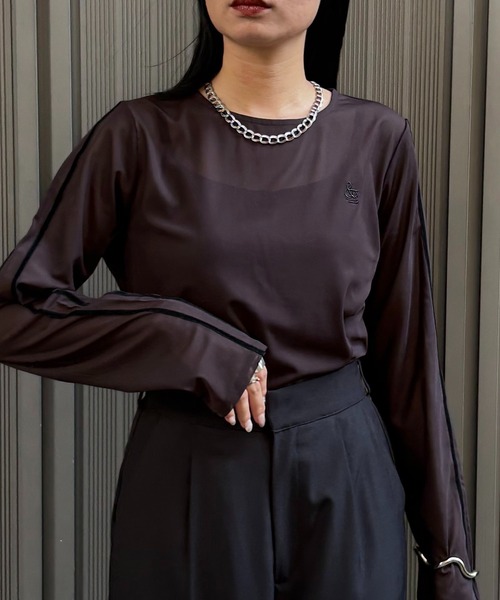 &g'aime(アンジェム)の「【&g'aime】シアーサイドラインロゴトップス Sheer Side-Stripe Logo Top(Tシャツ/カットソー・レディース・ブラウン/ホワイト/ブラック・FREE)」の3枚目の写真