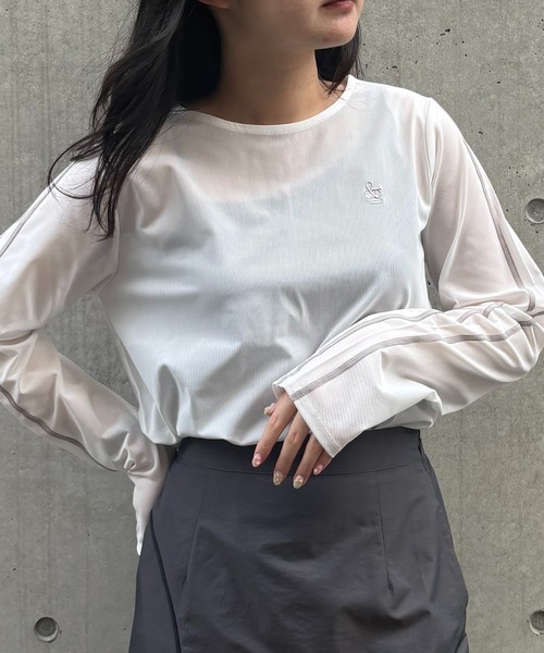 &g'aime(アンジェム)の「【&g'aime】シアーサイドラインロゴトップス Sheer Side-Stripe Logo Top(Tシャツ/カットソー・レディース・ブラウン/ホワイト/ブラック・FREE)」の1枚目の写真