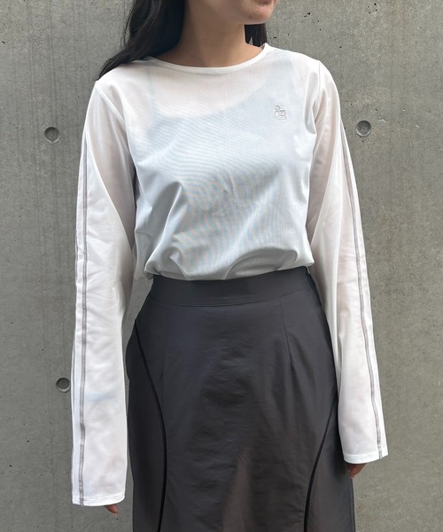 &g'aime(アンジェム)の「【&g'aime】シアーサイドラインロゴトップス Sheer Side-Stripe Logo Top(Tシャツ/カットソー・レディース・ブラウン/ホワイト/ブラック・FREE)」の4枚目の写真