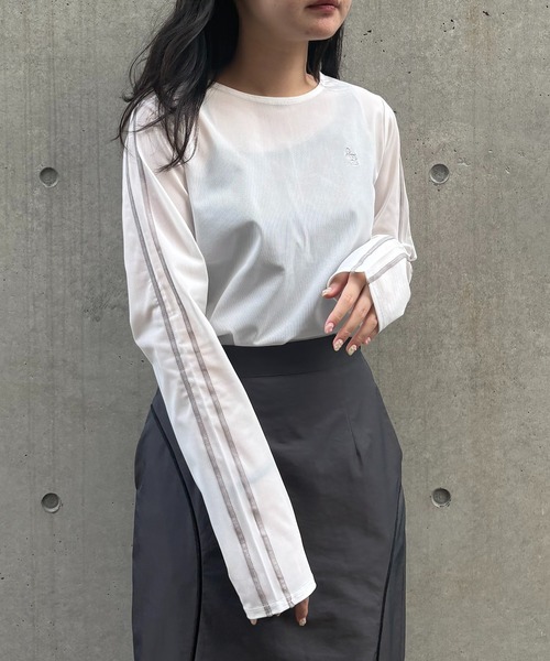 &g'aime(アンジェム)の「【&g'aime】シアーサイドラインロゴトップス Sheer Side-Stripe Logo Top(Tシャツ/カットソー・レディース・ブラウン/ホワイト/ブラック・FREE)」の5枚目の写真