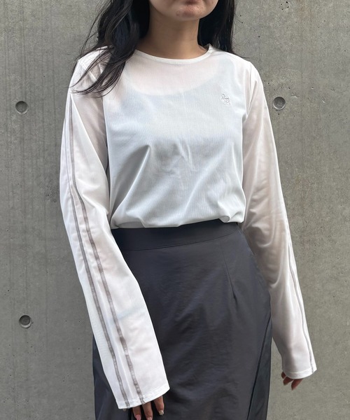 &g'aime(アンジェム)の「【&g'aime】シアーサイドラインロゴトップス Sheer Side-Stripe Logo Top(Tシャツ/カットソー・レディース・ブラウン/ホワイト/ブラック・FREE)」の6枚目の写真