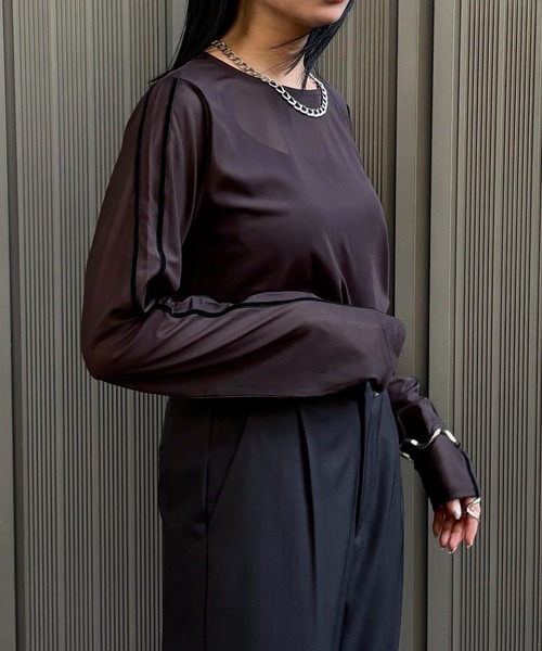 &g'aime(アンジェム)の「【&g'aime】シアーサイドラインロゴトップス Sheer Side-Stripe Logo Top(Tシャツ/カットソー・レディース・ブラウン/ホワイト/ブラック・FREE)」の13枚目の写真