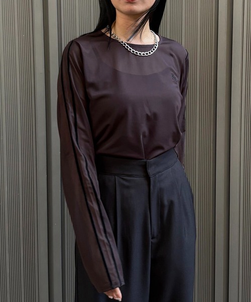 &g'aime(アンジェム)の「【&g'aime】シアーサイドラインロゴトップス Sheer Side-Stripe Logo Top(Tシャツ/カットソー・レディース・ブラウン/ホワイト/ブラック・FREE)」の11枚目の写真
