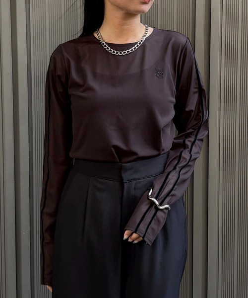 &g'aime(アンジェム)の「【&g'aime】シアーサイドラインロゴトップス Sheer Side-Stripe Logo Top(Tシャツ/カットソー・レディース・ブラウン/ホワイト/ブラック・FREE)」の12枚目の写真
