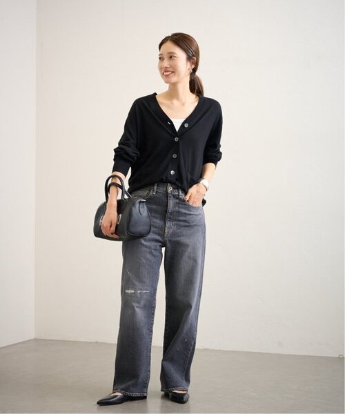 【新品タグ付】フレームワーク　ボーダーVネックカーディガン　イタリアヤーン黒×白 ≪WEB限定 / 追加≫イタリアヤーン basic Vネックカーディガン