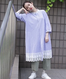 OBLI ブルーフラワーシャツワンピース ベルト付き花釦フラワーコットンレースシャツワンピース