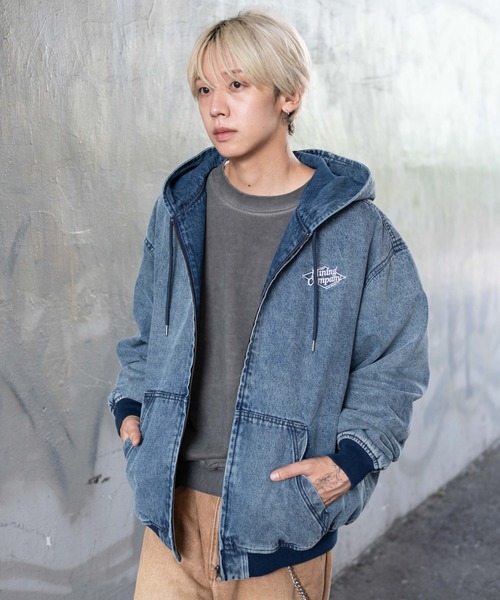 WEGO（ウィゴー）の「WEGO/ワーカーズフードブルゾン（デニムジャケット・メンズ・ワイン/スカイブルー/ブラック/ブラック系3・LARGE/MEDIUM）」の6枚目の写真