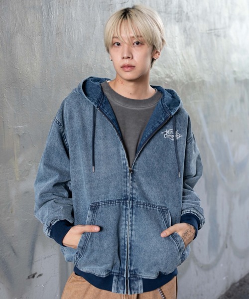 WEGO（ウィゴー）の「WEGO/ワーカーズフードブルゾン（デニムジャケット・メンズ・ワイン/スカイブルー/ブラック/ブラック系3・LARGE/MEDIUM）」の7枚目の写真