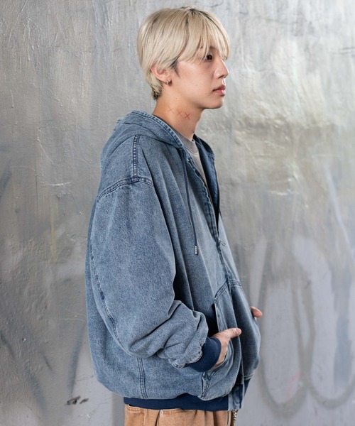 WEGO（ウィゴー）の「WEGO/ワーカーズフードブルゾン（デニムジャケット・メンズ・ワイン/スカイブルー/ブラック/ブラック系3・LARGE/MEDIUM）」の8枚目の写真