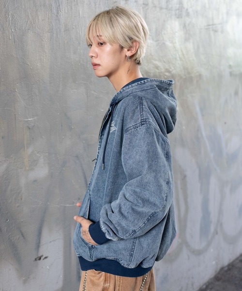 WEGO（ウィゴー）の「WEGO/ワーカーズフードブルゾン（デニムジャケット・メンズ・ワイン/スカイブルー/ブラック/ブラック系3・LARGE/MEDIUM）」の9枚目の写真