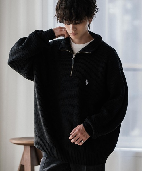 U.S. POLO ASSN.(ユーエスポロアッスン)の「U.S. POLO ASSN. ユーエスポロアッスン 別注コラボ オーバーサイズワンポイントロゴ刺繍畦編みハーフジップ長袖ニットセーター(ニット/セーター・メンズ・ネイビー/チャコール/ブラック/グレー/レッド/アイボリー/ベージュ・M/XL/L)」の12枚目の写真
