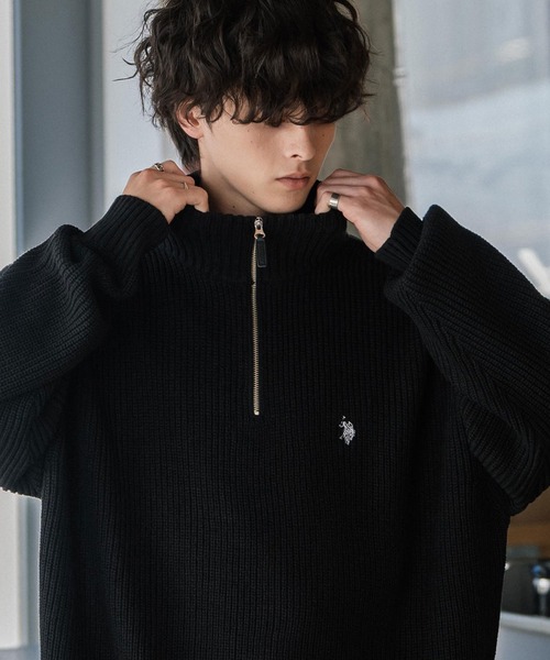 U.S. POLO ASSN.(ユーエスポロアッスン)の「U.S. POLO ASSN. ユーエスポロアッスン 別注コラボ オーバーサイズワンポイントロゴ刺繍畦編みハーフジップ長袖ニットセーター(ニット/セーター・メンズ・ネイビー/チャコール/ブラック/グレー/レッド/アイボリー/ベージュ・M/XL/L)」の15枚目の写真