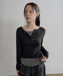 UNE MANSION（ユヌマンション）の「【2025FW新作アイテム】ヘンリーネックバイカラーストライプレイヤードカットソー（Tシャツ/カットソー・レディース）」