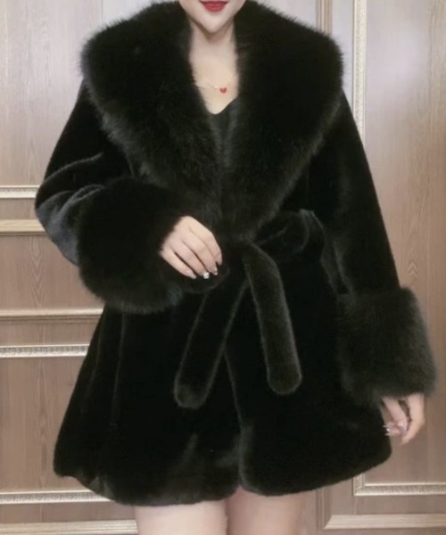 ショールカラーベルトフェイクファーコート
