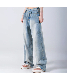BUCKLE WIDE DENIM PANTS WASHING LIGHT BLUE