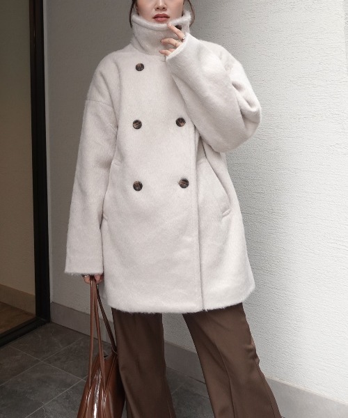 CORNERS(コーナーズ)の「シャギースタンドカラーコート(ステンカラーコート・レディース・ブラウン/アイボリー/チャコールグレー・M/L)」の4枚目の写真