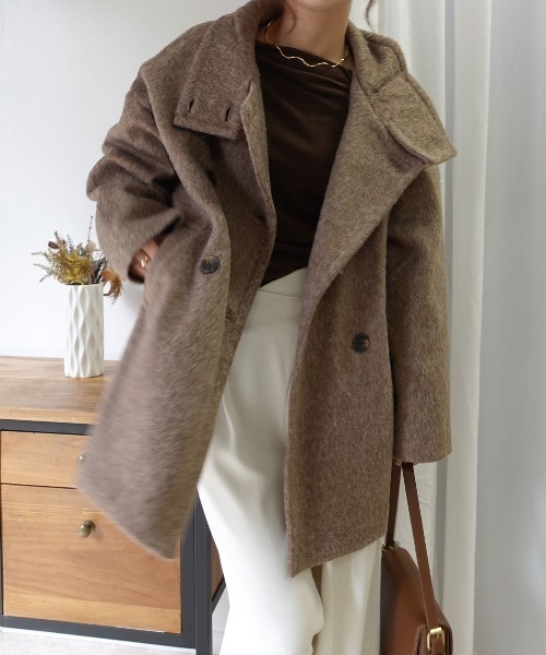 CORNERS(コーナーズ)の「シャギースタンドカラーコート(ステンカラーコート・レディース・ブラウン/アイボリー/チャコールグレー・M/L)」の7枚目の写真