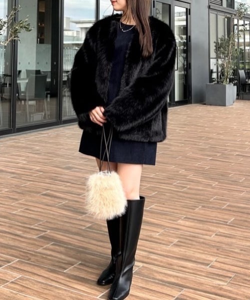 BABY ファージャケット 黒 セール】ノーカラーファージャケット（ノーカラージャケット