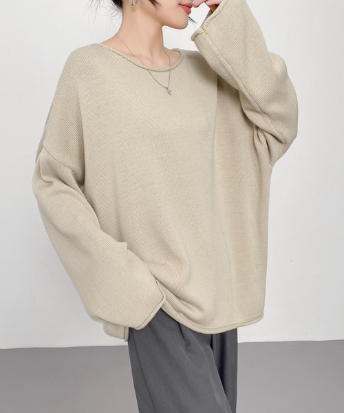 CHUN CHUN NOTES(チュンチュンノーツ)の「美シルエットゆるニット/体型カバー×きれいめカジュアル(ニット/セーター・レディース・モカ/ライトベージュ/ブルー・F)」の9枚目の写真