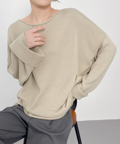 CHUN CHUN NOTES(チュンチュンノーツ)の「美シルエットゆるニット/体型カバー×きれいめカジュアル(ニット/セーター・レディース・モカ/ライトベージュ/ブルー・F)」の14枚目の写真