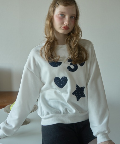 Birthday room（バースデイルーム）の「ドットパッチワークスウェット/Dot patchwork sweatshirt（スウェット・レディース・ネイビー/ホワイト/ブラウン・FREE）」の2枚目の写真