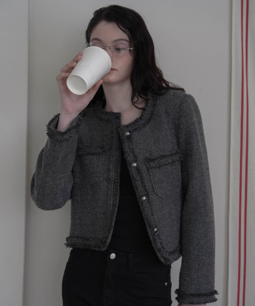 DEHEVE（デヘヴェ）の「Fringe Trimming Tweed Jacket [Charcoal]（その他アウター・レディース・チャコール・MEDIUM/SMALL）」の9枚目の写真