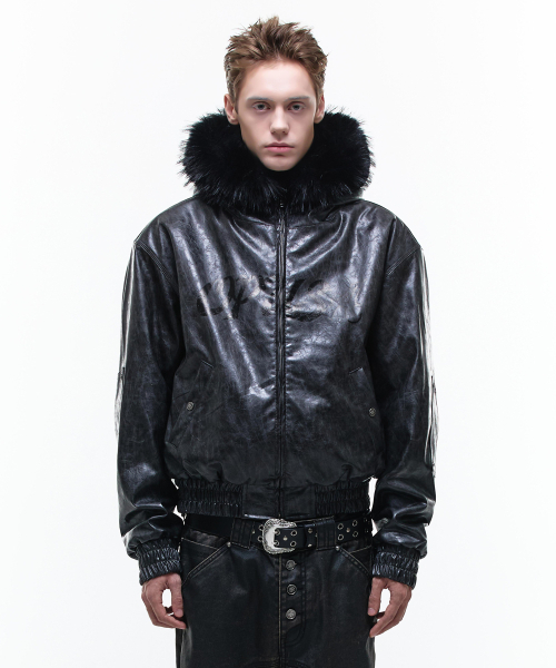 Op. 00 OP-USA HOODED LEATHER BOMBER BLACK