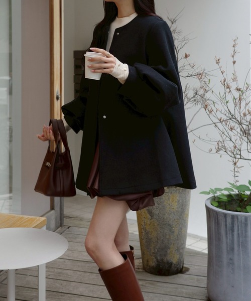 バルーンスリーブフレアコート（ノーカラージャケット）｜ACYM