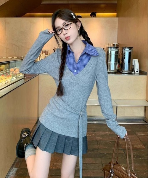 AsheKsha(アシクシャ)の「チェック柄パッチワーク風ダブルブレストカラーブラウス(シャツ/ブラウス・レディース・グレー・M)」の4枚目の写真
