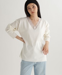 セール】コットンリネン袖ギャザーVネックブラウス（Tシャツ