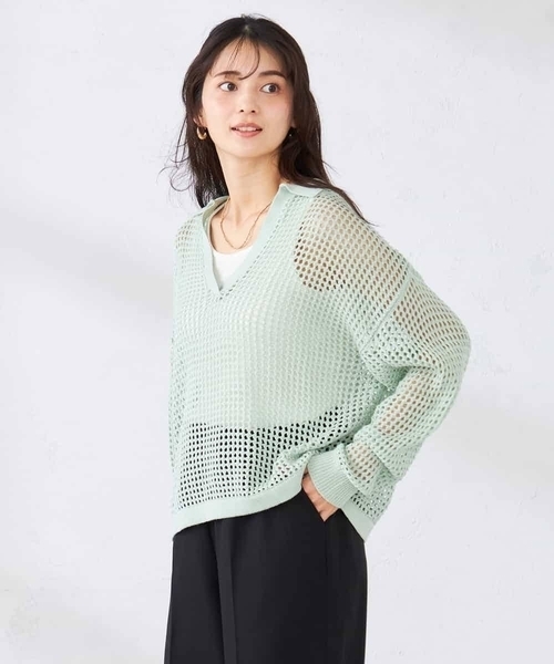 a.v.v(アーヴェヴェ)の「襟付きメッシュニット(ニット/セーター・レディース・ミント/アイボリー・39)」の2枚目の写真