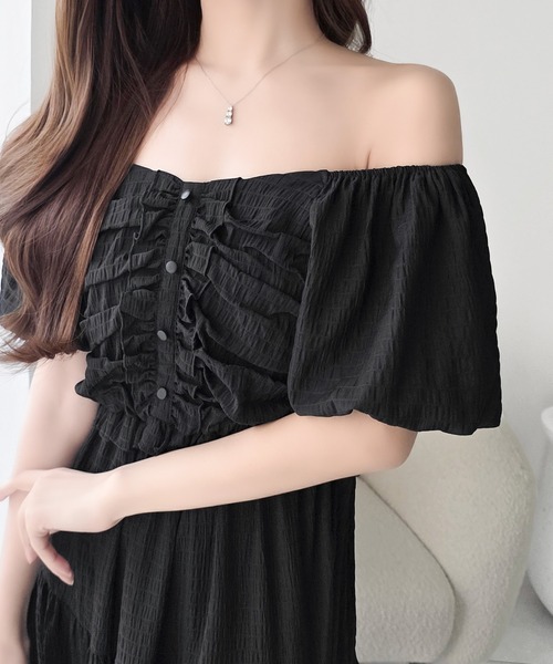 mily bilet(ミウィビレット)の「【mily bilet】甘さの中に、ほんのり大人っぽさを♪オフショル2wayギャザードッキングロングワンピース(ワンピース・レディース・ブラウン/アイボリー/ブラック・MEDIUM/SMALL/LARGE/X-LARGE)」の16枚目の写真
