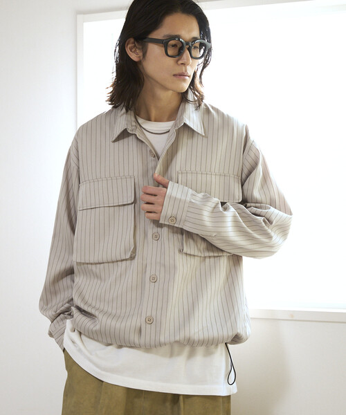 Firsthand(ファーストハンド)の「Firsthand/ファーストハンド スピンドル ストライプ シャツ ジャケット / セットアップ対応(シャツ/ブラウス・メンズ・チャコールグレー/グレー/ベージュ/ブラック・MEDIUM/LARGE)」の4枚目の写真