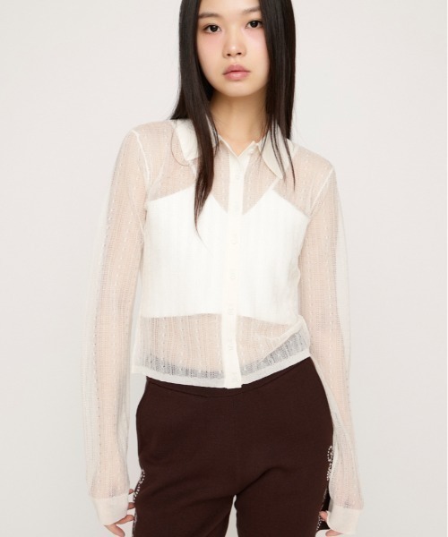 SLY(スライ)の「SHEER CABLE KNIT COMPACT SH シアーケーブルニットコンパクトシャツ 春服 夏服(シャツ/ブラウス・レディース・オフホワイト/ライトイエロー/ネイビー・FREE)」の1枚目の写真