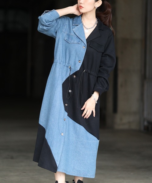 Sawa a la mode(サワアラモード)の「異素材MIXドロストシャツワンピース(シャツワンピース・レディース・ブラック/グレー・FREE)」の1枚目の写真