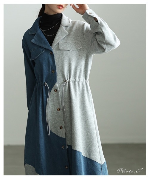 Sawa a la mode(サワアラモード)の「異素材MIXドロストシャツワンピース(シャツワンピース・レディース・ブラック/グレー・FREE)」の3枚目の写真