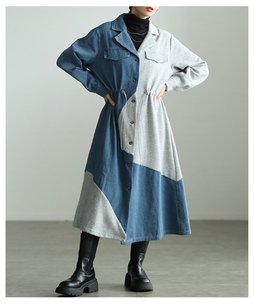 Sawa a la mode(サワアラモード)の「異素材MIXドロストシャツワンピース(シャツワンピース・レディース・ブラック/グレー・FREE)」の5枚目の写真