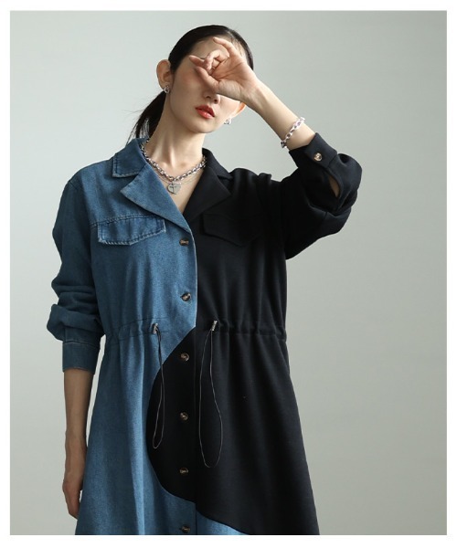 Sawa a la mode(サワアラモード)の「異素材MIXドロストシャツワンピース(シャツワンピース・レディース・ブラック/グレー・FREE)」の19枚目の写真