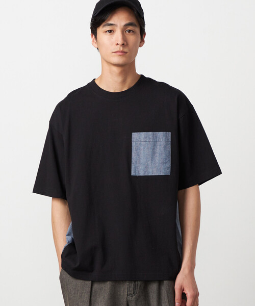 Purple&Yellow（パープルアンドイエロー）の「バックプリント 布帛切り替えTシャツ（Tシャツ/カットソー・メンズ・ブルー/ブラック/オートミール・LARGE/MEDIUM/SMALL）」の2枚目の写真