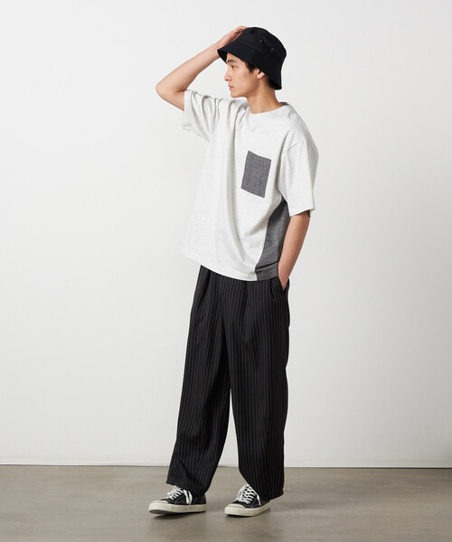 Purple&Yellow（パープルアンドイエロー）の「バックプリント 布帛切り替えTシャツ（Tシャツ/カットソー・メンズ・ブルー/ブラック/オートミール・LARGE/MEDIUM/SMALL）」の5枚目の写真