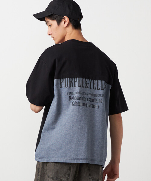 Purple&Yellow（パープルアンドイエロー）の「バックプリント 布帛切り替えTシャツ（Tシャツ/カットソー・メンズ・ブルー/ブラック/オートミール・LARGE/MEDIUM/SMALL）」の10枚目の写真