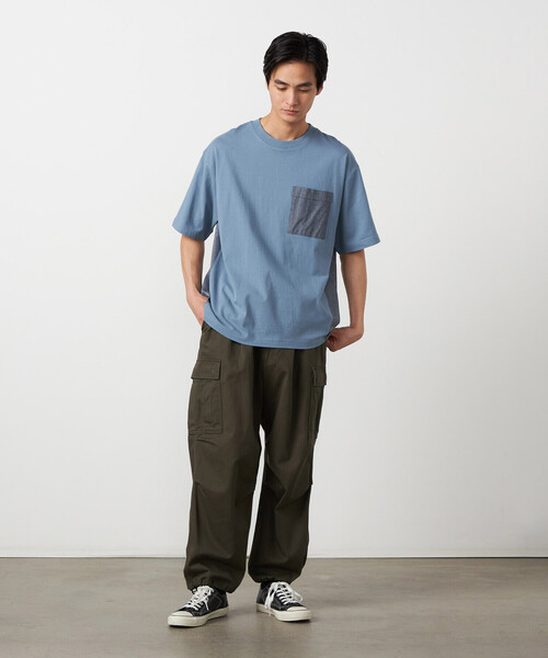 Purple&Yellow（パープルアンドイエロー）の「バックプリント 布帛切り替えTシャツ（Tシャツ/カットソー・メンズ・ブルー/ブラック/オートミール・LARGE/MEDIUM/SMALL）」の12枚目の写真