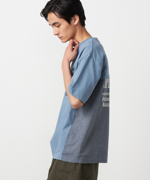 Purple&Yellow（パープルアンドイエロー）の「バックプリント 布帛切り替えTシャツ（Tシャツ/カットソー・メンズ・ブルー/ブラック/オートミール・LARGE/MEDIUM/SMALL）」の14枚目の写真